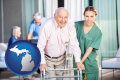 michigan map icon and nursing care in a nursing home